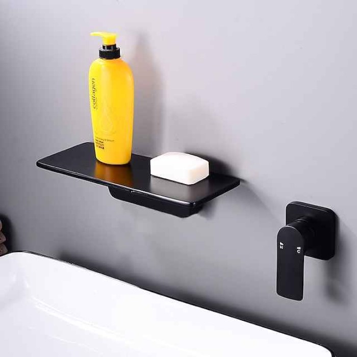 Wall Mount Bathroom Sink Mixer Faucet Brass, Waterfall Basin Taps Wall Mounted Single Handle One Hole Tap with Hot and Cold Hose Black White Electroplated