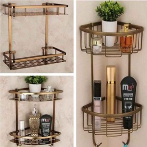 Multifunction Bathroom Corner Shelf with 2 Hooks Aluminum 2 Tiers Storage Rack for Toilet 1pc