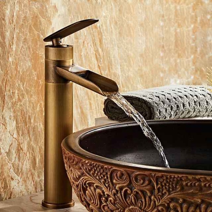 Waterfall Bathroom Sink Mixer Faucet Tall, Antique Brass Single Handle Basin Taps with Cold and Hot Hose