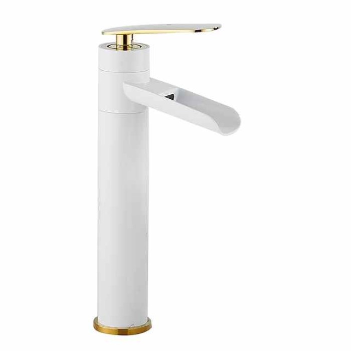 Waterfall Bathroom Sink Mixer Faucet Tall, Antique Brass Single Handle Basin Taps with Cold and Hot Hose