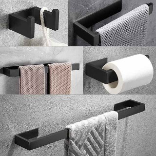 Bathroom Accessory Set, Self-adhesive Matte Black Stainless Steel Hardware Include Robe Hook, Towel Bar, Towel Holder, Toilet Paper Holder,for Home and Hotel