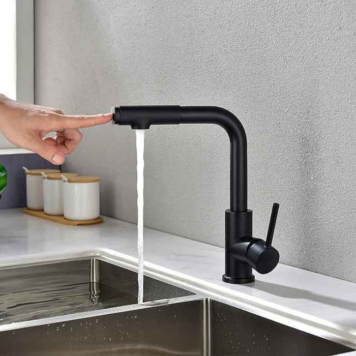 Kitchen Sink Faucet Black Single Handle One Hole Electroplated Pull-out / Pull-down Centerset Contemporary Kitchen Taps with Stream and Shower Modes