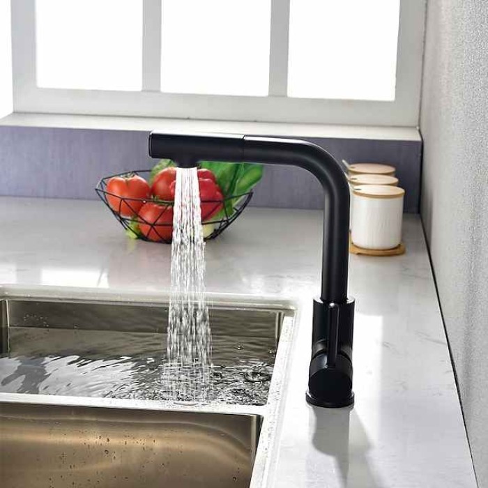 Kitchen Sink Faucet Black Single Handle One Hole Electroplated Pull-out / Pull-down Centerset Contemporary Kitchen Taps with Stream and Shower Modes