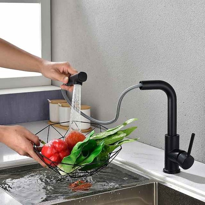 Kitchen Sink Faucet Black Single Handle One Hole Electroplated Pull-out / Pull-down Centerset Contemporary Kitchen Taps with Stream and Shower Modes