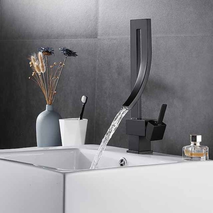 Waterfall Bathroom Sink Mixer Faucet, 360 Rotating Basin Vessel Tap Single Handle Irregular Creative Design Brushed Nickel/Chrome/Matte Black/Golden Sink Tap with Hot and Cold Water Hose