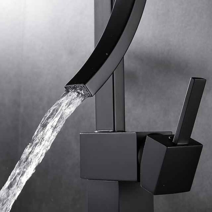 Waterfall Bathroom Sink Mixer Faucet, 360 Rotating Basin Vessel Tap Single Handle Irregular Creative Design Brushed Nickel/Chrome/Matte Black/Golden Sink Tap with Hot and Cold Water Hose