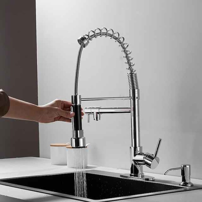 Kitchen Faucet with Pullout Spray and Soap Dispenser Sets Single Handle Two Holes Pull Out/Rotatable/Multifunction Standard Spout, Brass Tall-High Arc Deck Mounted Kitchen Faucet