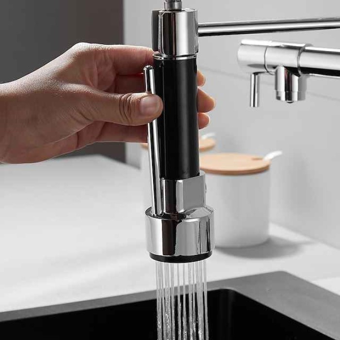 Kitchen Faucet with Pullout Spray and Soap Dispenser Sets Single Handle Two Holes Pull Out/Rotatable/Multifunction Standard Spout, Brass Tall-High Arc Deck Mounted Kitchen Faucet