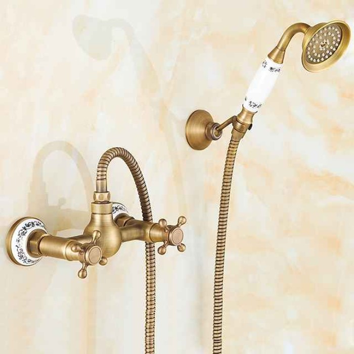 Brass Shower Faucet Set,Two Handles One Hole  Wall Installation Waterfall Portable Spray Pull out Handshower with Cold/Hot Water