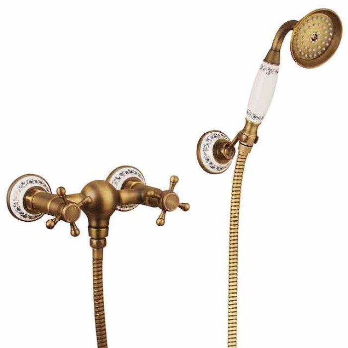 Brass Shower Faucet Set,Two Handles One Hole  Wall Installation Waterfall Portable Spray Pull out Handshower with Cold/Hot Water