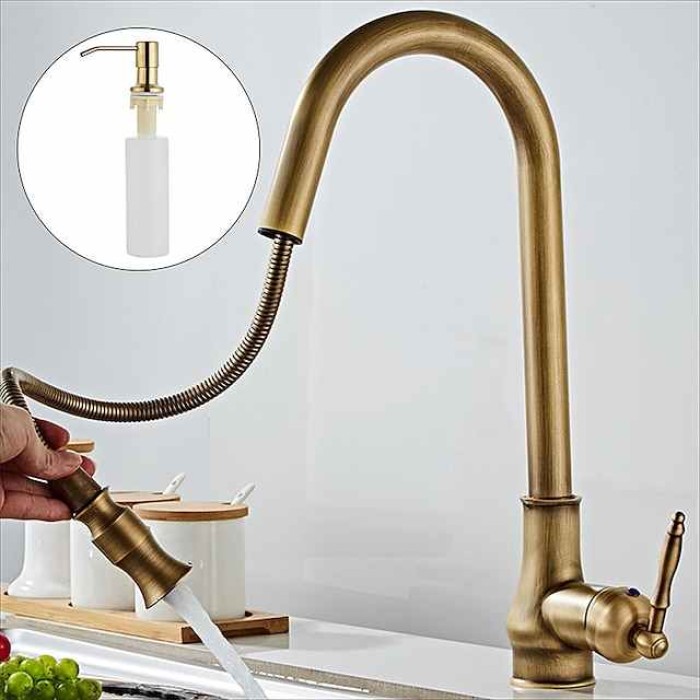 Kitchen Sink Mixer Faucet with Pull Out Spray, 360 Swivel Pull Down Vessel Taps Antique Brass/Black Deck Mounted, Antique Single Handle One Hole Kitchen Taps