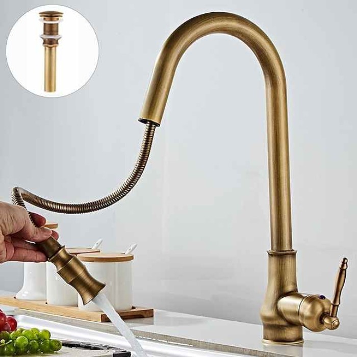 Kitchen Sink Mixer Faucet with Pull Out Spray, 360 Swivel Pull Down Vessel Taps Antique Brass/Black Deck Mounted, Antique Single Handle One Hole Kitchen Taps