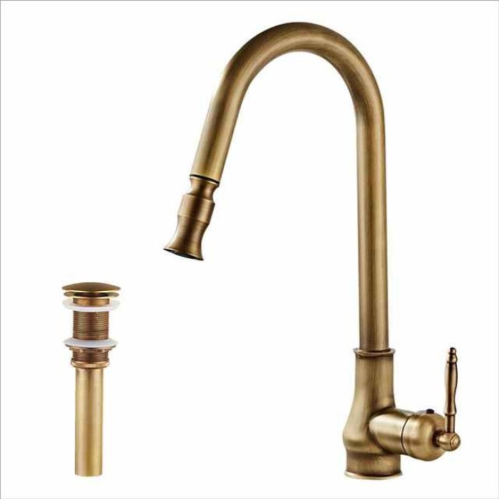 Kitchen Sink Mixer Faucet with Pull Out Spray, 360 Swivel Pull Down Vessel Taps Antique Brass/Black Deck Mounted, Antique Single Handle One Hole Kitchen Taps