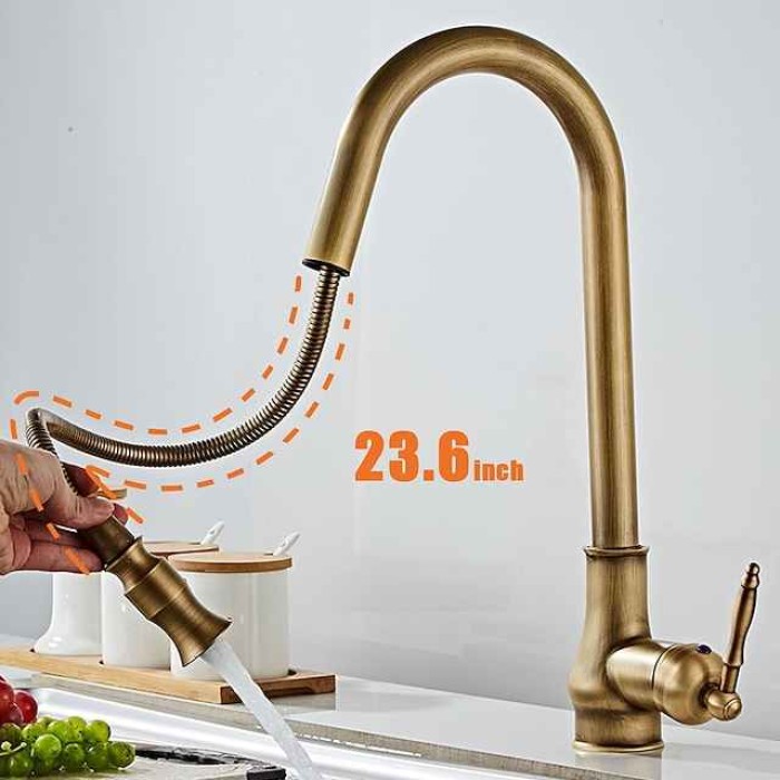 Kitchen Sink Mixer Faucet with Pull Out Spray, 360 Swivel Pull Down Vessel Taps Antique Brass/Black Deck Mounted, Antique Single Handle One Hole Kitchen Taps