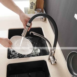 Kitchen Faucet Set, Brush Nickel Single Handle One Hole Pull Out Centerset, Brass Kitchen Faucet with Supply Lines