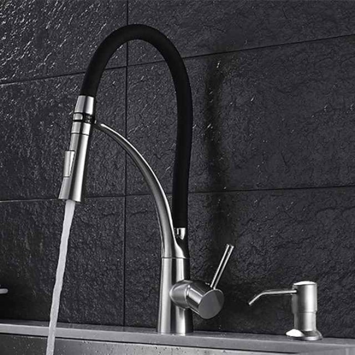 Kitchen Faucet Set, Brush Nickel Single Handle One Hole Pull Out Centerset, Brass Kitchen Faucet with Supply Lines