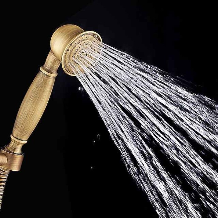 Shower Faucet Set,Mount Outside Antique Brass/Brass/Yellow Dual-Head Pullout Vintage Style, Brass Shower Faucet with Rain Shower/Handshower/Bodysprays/Drain with Hot and Cold Water