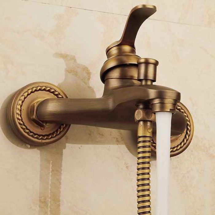 Shower Faucet Set,Mount Outside Antique Brass/Brass/Yellow Dual-Head Pullout Vintage Style, Brass Shower Faucet with Rain Shower/Handshower/Bodysprays/Drain with Hot and Cold Water