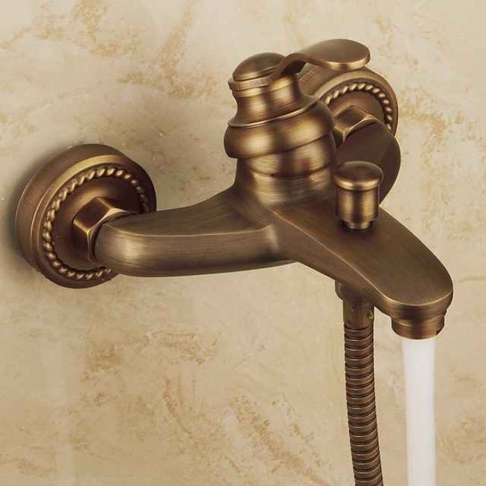 Shower Faucet Set,Mount Outside Antique Brass/Brass/Yellow Dual-Head Pullout Vintage Style, Brass Shower Faucet with Rain Shower/Handshower/Bodysprays/Drain with Hot and Cold Water