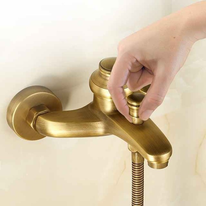 Shower Faucet Set,Mount Outside Antique Brass/Brass/Yellow Dual-Head Pullout Vintage Style, Brass Shower Faucet with Rain Shower/Handshower/Bodysprays/Drain with Hot and Cold Water