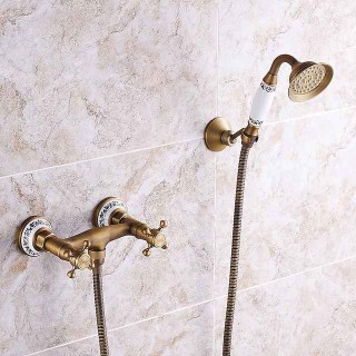 Shower Faucet Set - Handshower Included pullout Vintage Style / Country Antique Brass Mount Outside Ceramic Valve Bath Shower Mixer Taps / Two Handles One Hole