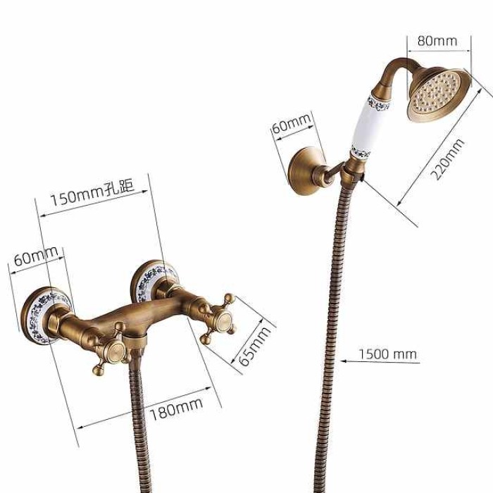 Shower Faucet Set - Handshower Included pullout Vintage Style / Country Antique Brass Mount Outside Ceramic Valve Bath Shower Mixer Taps / Two Handles One Hole