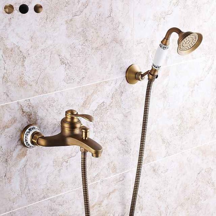 Shower Faucet / Rainfall Shower Head System Set - Handshower Included pullout Vintage Style / Country Antique Brass / Electroplated Mount Outside Ceramic Valve Bath Shower Mixer Taps / Single Handle