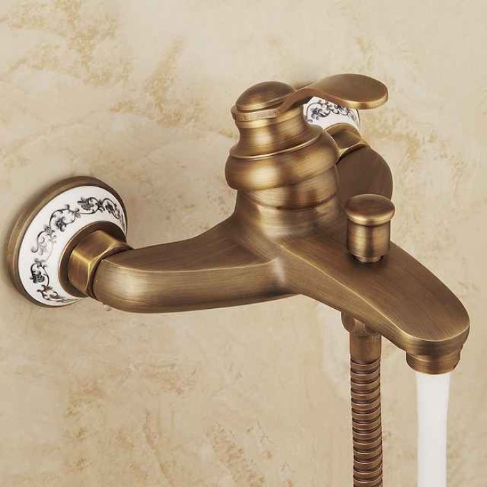 Shower Faucet / Rainfall Shower Head System Set - Handshower Included pullout Vintage Style / Country Antique Brass / Electroplated Mount Outside Ceramic Valve Bath Shower Mixer Taps / Single Handle