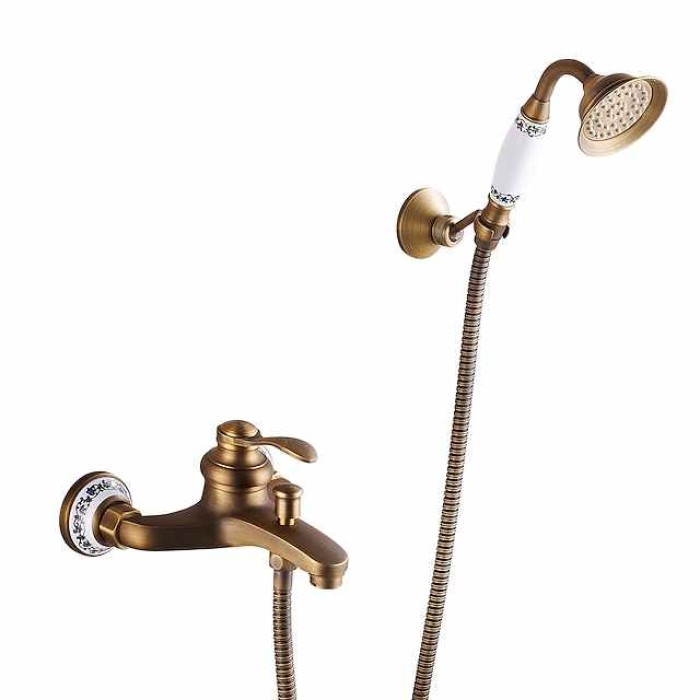 Shower Faucet / Rainfall Shower Head System Set - Handshower Included pullout Vintage Style / Country Antique Brass / Electroplated Mount Outside Ceramic Valve Bath Shower Mixer Taps / Single Handle