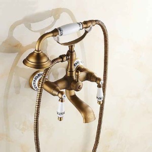 Bathroom Sink Faucet,Brass Telephone Shape Wall Installation Widespread Pull-out Country Style Electroplated Copper Finish Two Handles Bathtub Faucet with Handshower and Drain