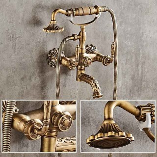 Shower Faucet Set - Handshower Included pullout Vintage Style / Country Antique Brass Mount Outside Ceramic Valve Bath Shower Mixer Taps