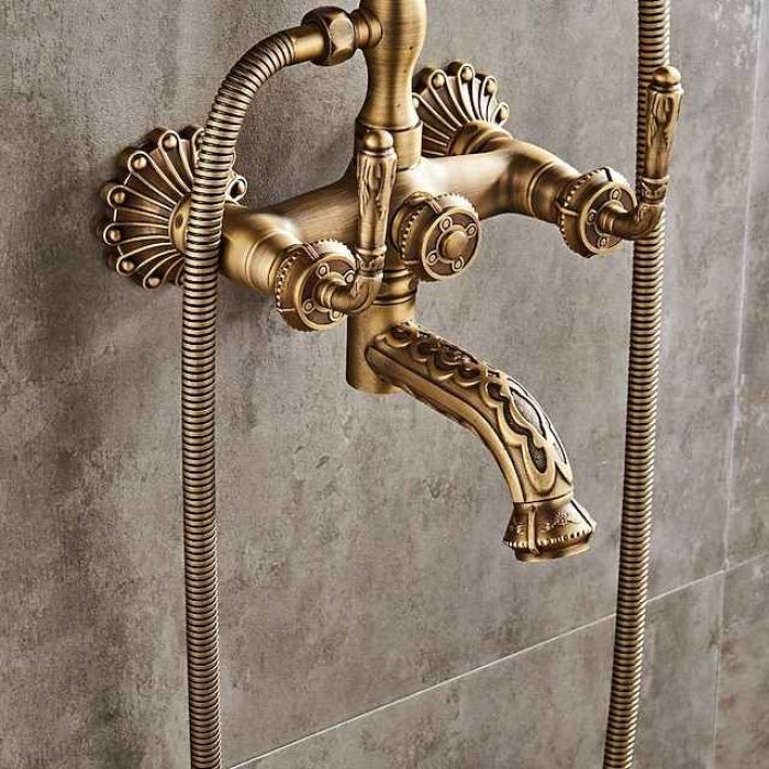 Shower Faucet Set - Handshower Included pullout Vintage Style / Country Antique Brass Mount Outside Ceramic Valve Bath Shower Mixer Taps