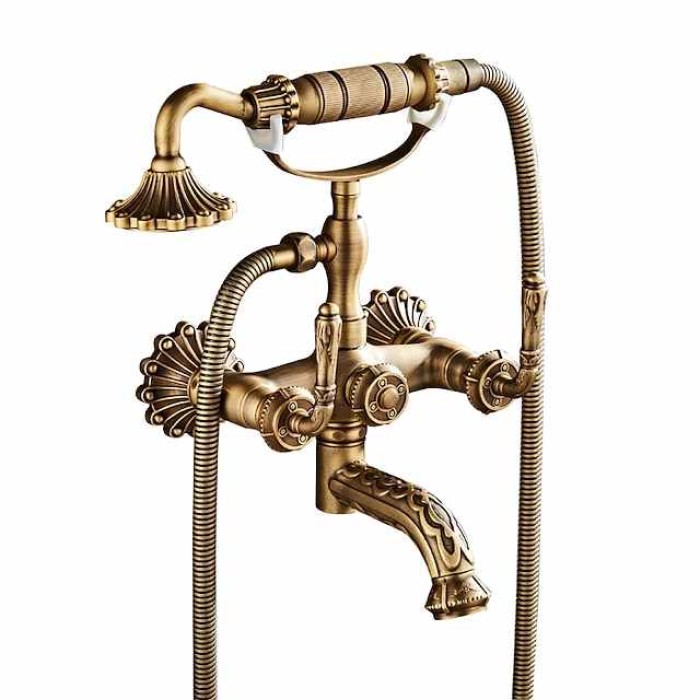 Shower Faucet Set - Handshower Included pullout Vintage Style / Country Antique Brass Mount Outside Ceramic Valve Bath Shower Mixer Taps