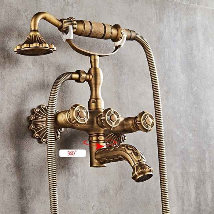 Vintage Shower System Faucet Set Wall Mounted, 360 Swivel Antique Brass Bathroom Shower Head Facuet Kit with Handheld Shower Head Sprayer Ceramic Valve Bath Mixer Tap