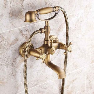 Shower Faucet Set Brass with Bathtub Spout Shower System, 2 Knob Handle Telephone Style Heldhand Showerhand 1.5m Hose Wall Mounted Tap