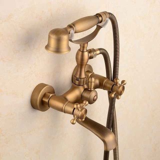 Shower Faucet Set Brass with Bathtub Spout Shower System, 2 Knob Handle Telephone Style Heldhand Showerhand 1.5m Hose Wall Mounted Tap