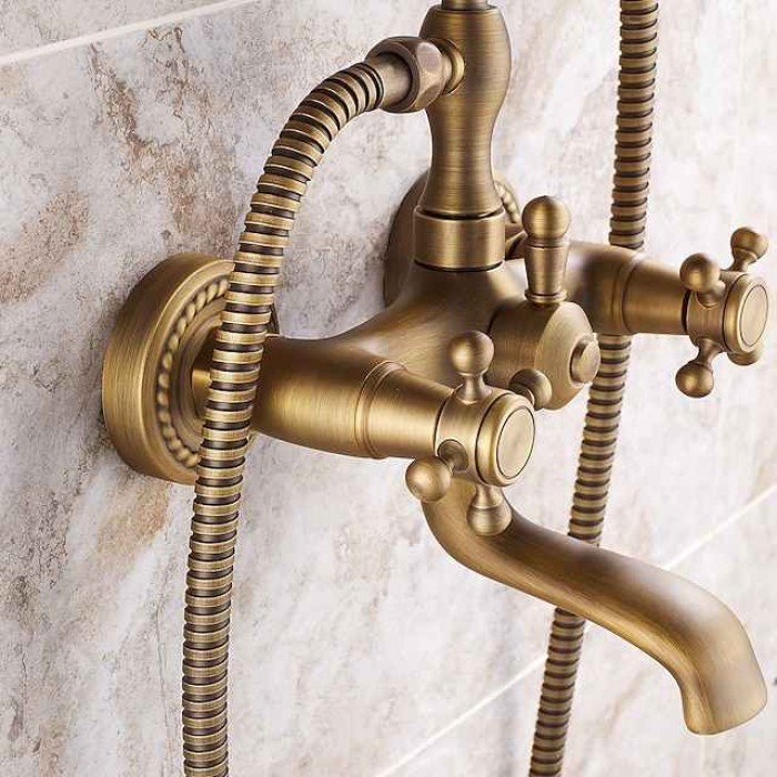 Shower Faucet Set Brass with Bathtub Spout Shower System, 2 Knob Handle Telephone Style Heldhand Showerhand 1.5m Hose Wall Mounted Tap