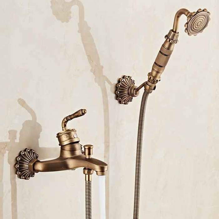 Bathtub Faucet - Retro Antique Brass Wall Installation Ceramic Valve Bath Shower Mixer Taps / Country / Single Handle / Yes / Rain Shower / Handshower Included