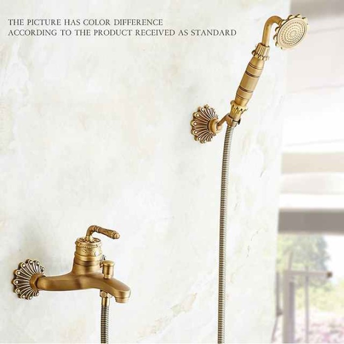 Bathtub Faucet - Retro Antique Brass Wall Installation Ceramic Valve Bath Shower Mixer Taps / Country / Single Handle / Yes / Rain Shower / Handshower Included