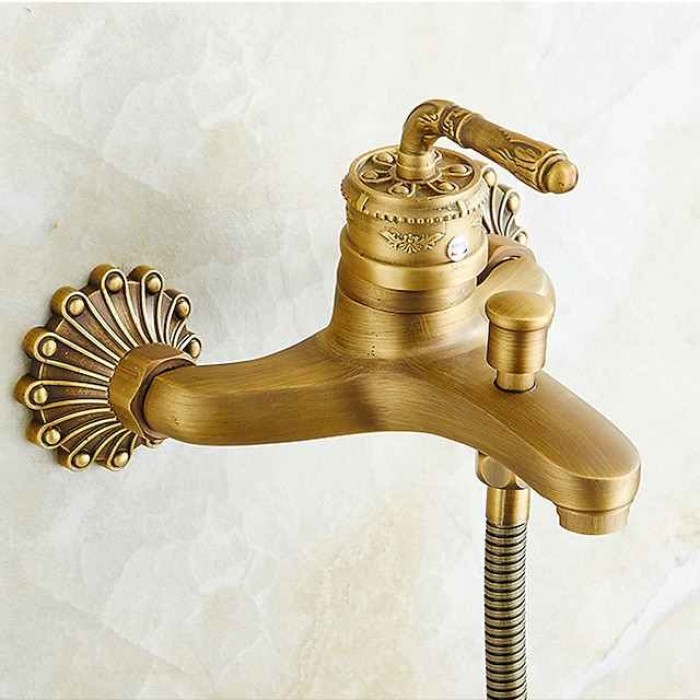 Bathtub Faucet - Retro Antique Brass Wall Installation Ceramic Valve Bath Shower Mixer Taps / Country / Single Handle / Yes / Rain Shower / Handshower Included