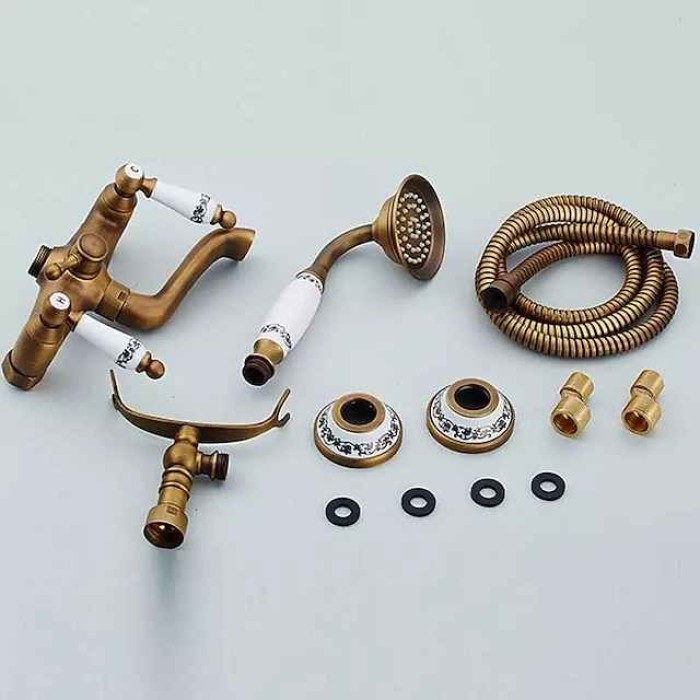 Shower Faucet Set - Rainfall Shower Vintage Style Antique Brass Mount Outside Ceramic Valve Bath Shower Mixer Taps