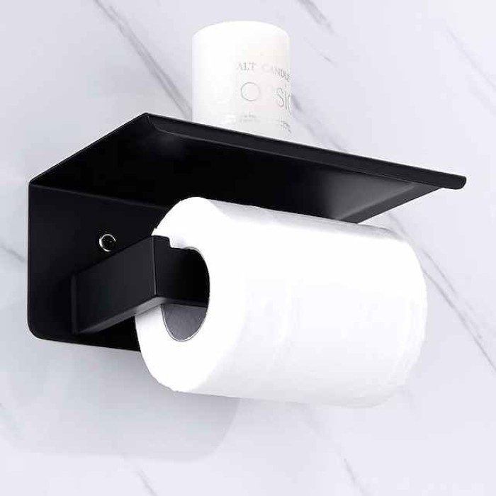 Bathroom Accessory Stainless Steel Include Robe Hook, Towel Bar, Towel Holder, Toilet Paper Holder with Shelf for Phone and Wash Supplies, Matte Black Bathroom