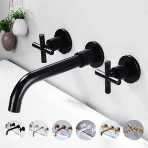 Wall Mounted Bathroom Sink Mixer Faucet, Widespread Washroom Basin Taps Wall Mount Brass 2 Handles 3 Holes Wash Baxin Tap with Cold Hot Water Hose Retro Antique Vintage