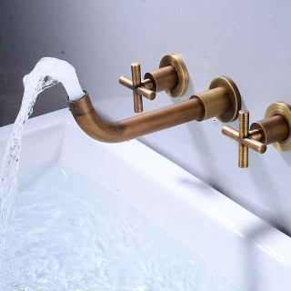 Wall Mounted Bathroom Sink Mixer Faucet, Widespread Washroom Basin Taps Wall Mount Brass 2 Handles 3 Holes Wash Baxin Tap with Cold Hot Water Hose Retro Antique Vintage