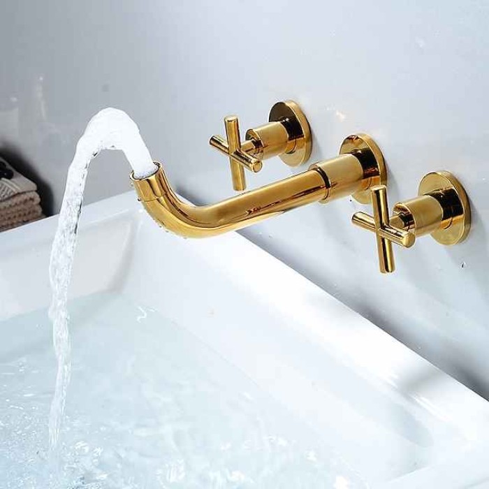 Wall Mounted Bathroom Sink Mixer Faucet, Widespread Washroom Basin Taps Wall Mount Brass 2 Handles 3 Holes Wash Baxin Tap with Cold Hot Water Hose Retro Antique Vintage