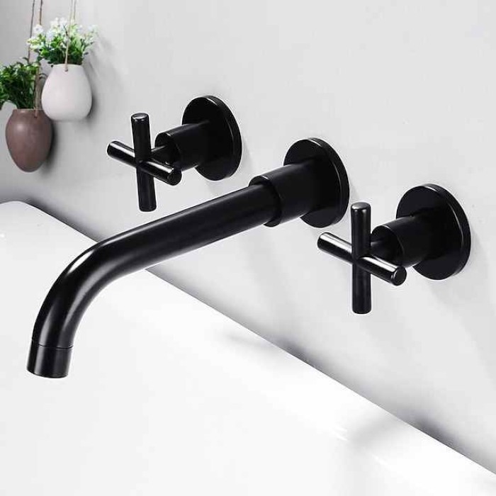 Wall Mounted Bathroom Sink Mixer Faucet, Widespread Washroom Basin Taps Wall Mount Brass 2 Handles 3 Holes Wash Baxin Tap with Cold Hot Water Hose Retro Antique Vintage