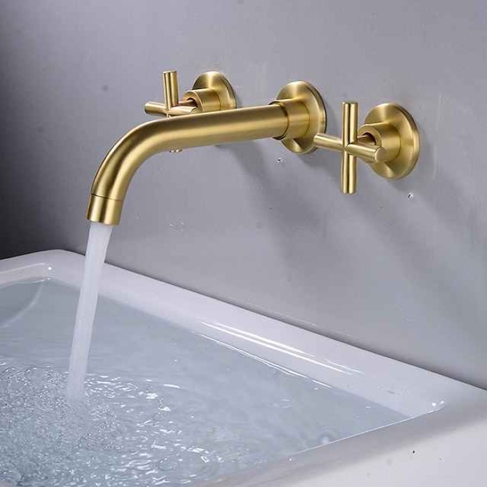 Wall Mounted Bathroom Sink Mixer Faucet, Widespread Washroom Basin Taps Wall Mount Brass 2 Handles 3 Holes Wash Baxin Tap with Cold Hot Water Hose Retro Antique Vintage