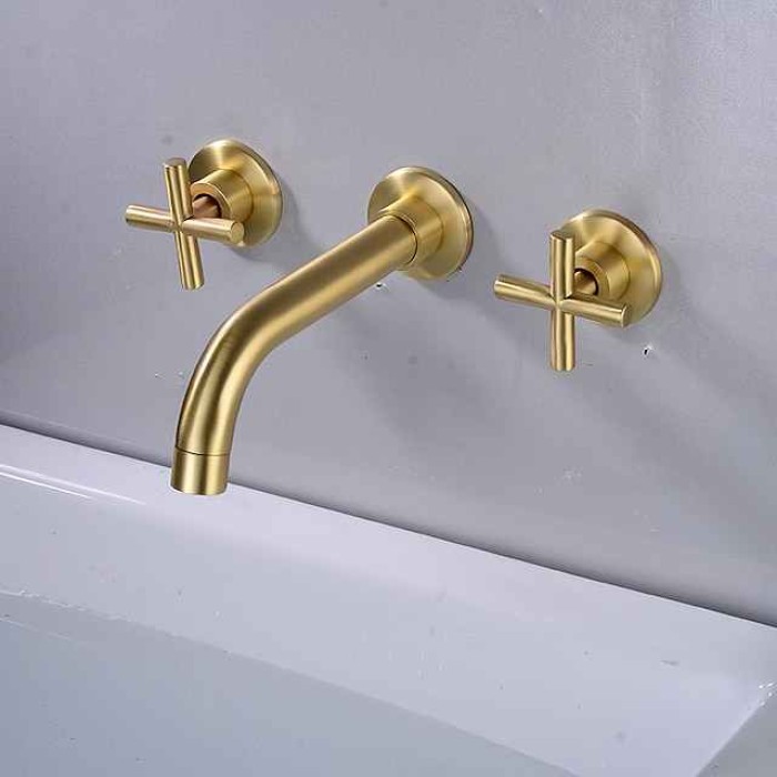 Wall Mounted Bathroom Sink Mixer Faucet, Widespread Washroom Basin Taps Wall Mount Brass 2 Handles 3 Holes Wash Baxin Tap with Cold Hot Water Hose Retro Antique Vintage