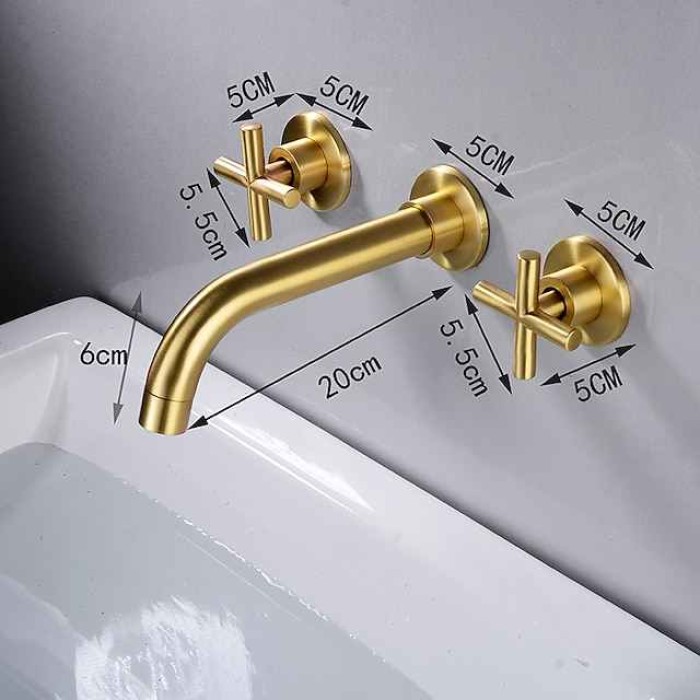 Wall Mounted Bathroom Sink Mixer Faucet, Widespread Washroom Basin Taps Wall Mount Brass 2 Handles 3 Holes Wash Baxin Tap with Cold Hot Water Hose Retro Antique Vintage