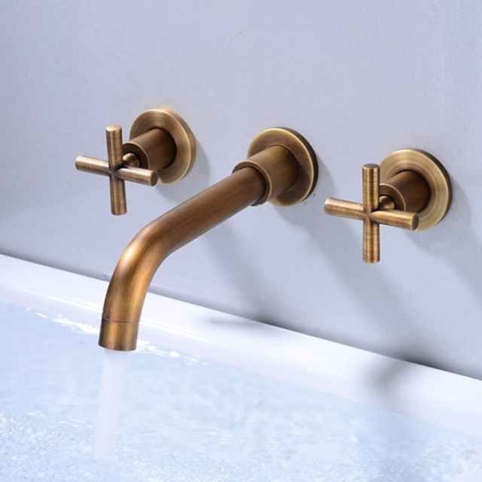 Wall Mounted Bathroom Sink Mixer Faucet, Widespread Washroom Basin Taps Wall Mount Brass 2 Handles 3 Holes Wash Baxin Tap with Cold Hot Water Hose Retro Antique Vintage